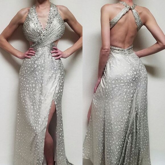 SATIN Snakeskin Silver Sequin Beaded Backless Side Slit Racerback Maxi Dress XS - Picture 1 of 16